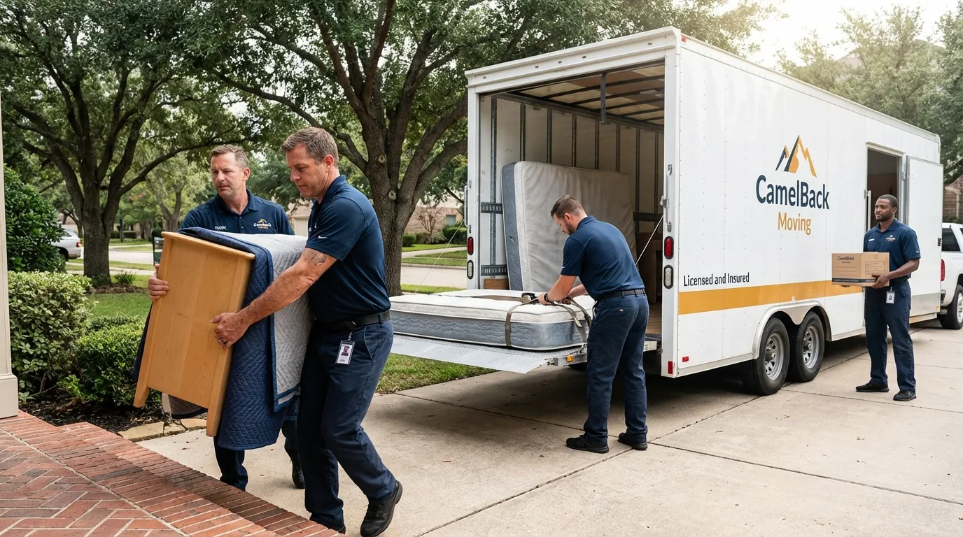 Crew loading residential truck for cross-state move from Farmersville, CA