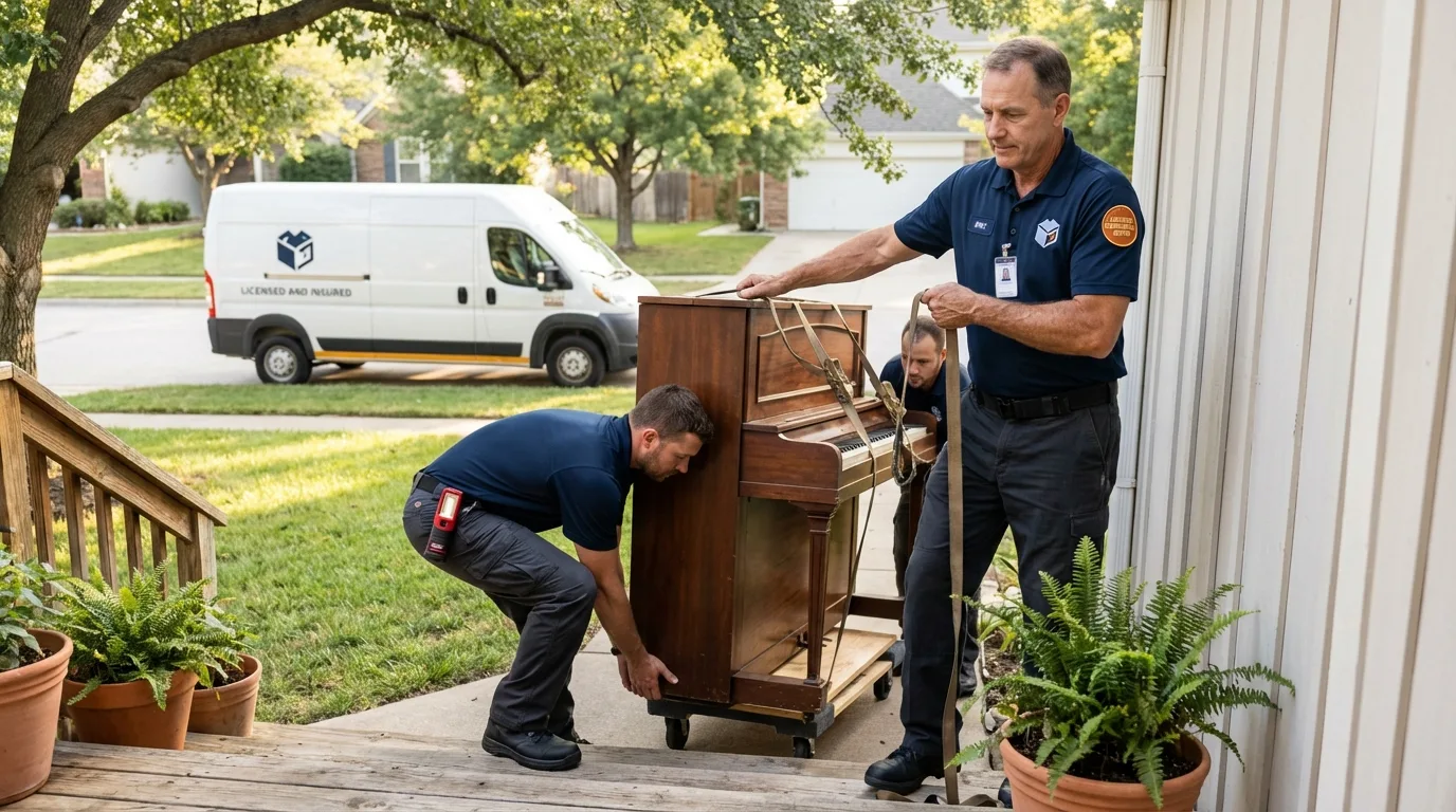 Licensed piano movers securing grand piano in Farmersville, CA