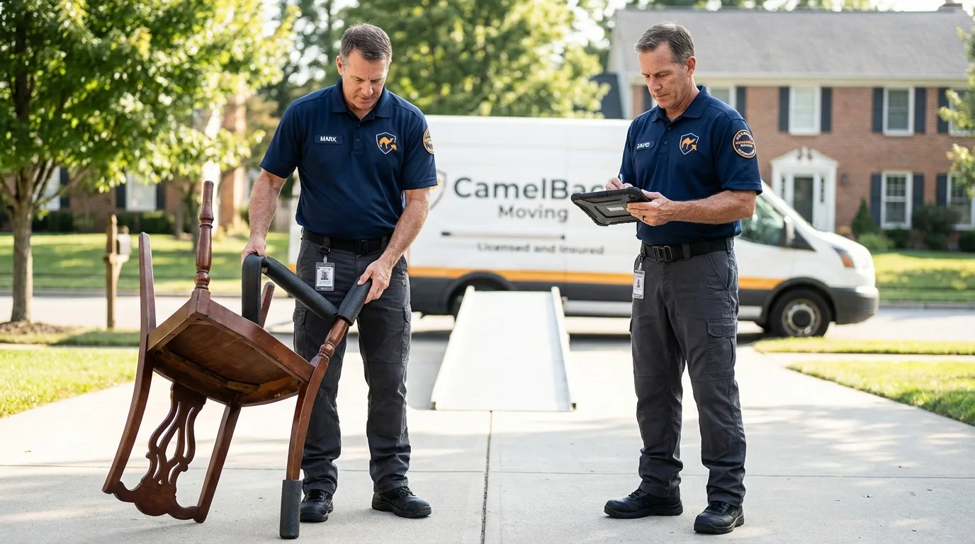 Movers inspecting furniture for damage prevention before loading in Farmersville, CA