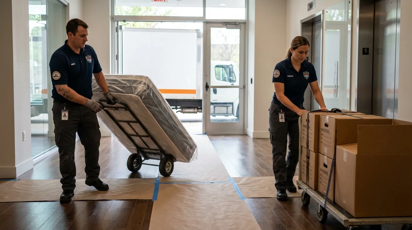 Professional apartment movers loading elevator in Farmersville, CA
