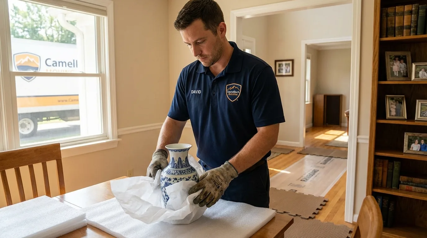Professional crew carefully wrapping antique vase for senior downsizing move in Farmersville, CA